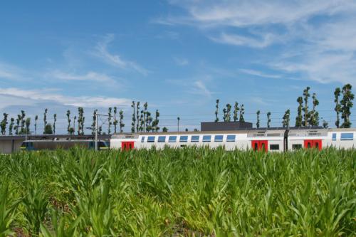 M6 rijtuigen, getrokken of geduwd door een loc van de reeks 27, te Koksijde.